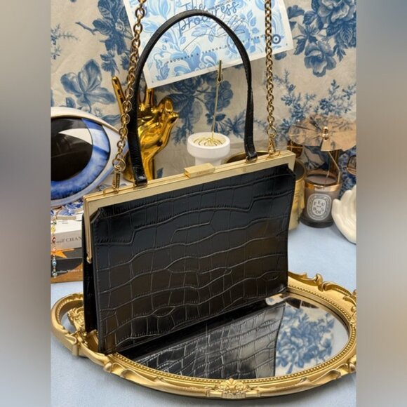 🆕 OROTON 🧿 NWOT Black Icon Frame Croco Clutch - Picture 2 of 16